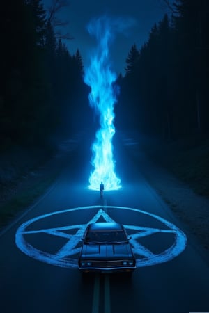 at night in the center of a road that runs straight towards a forest a blue flame emerges from the center of a pentacle painted on the asphalt and stands tall towards the sky Meanwhile a 1967 Chevrolet Impala with two men inside drives away from the scene. In the top of the image in the foreground the writing: 'Supernatural' in white font