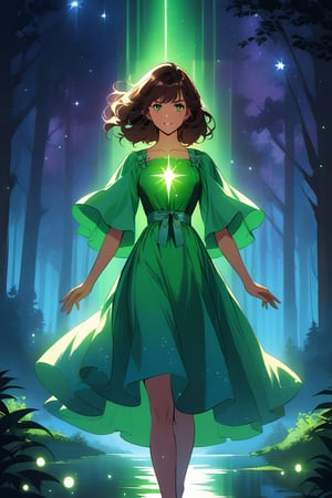 A young girl, her eyes wide open in wonder, wears an emerald green dress that blends in with the surrounding forest. Her brown hair, moved by the wind, frames a delicate and determined face.
A luminous sphere of energy emanates from her open hands. The sphere emits an intense glow, illuminating the scene and casting suggestive shadows on the surrounding trees.
In the background, a nocturnal forest, wrapped in a magical atmosphere. The trees, tall and majestic, stand out against a starry sky. Small fireflies dance among the branches,
The image must convey a sense of wonder, discovery and power. The colors should be bright and saturated, with a predominance of greens, blues and purples. The lights and shadows must create a suggestive contrast, emphasizing the magic of the scene.
A Disney cartoon from the 80s, with clean lines and bright colors. The image must have a soft and dreamy look, with a touch of romance inspired by the style of the cartoon "Robin Hood".