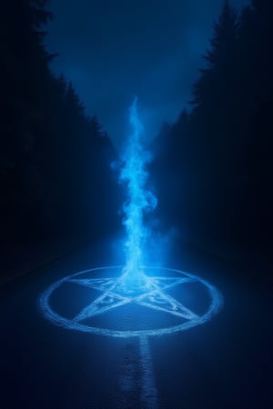 at night in the center of a road that runs straight towards a forest a blue flame emerges from a pentacle painted on the asphalt and stands tall towards the sky