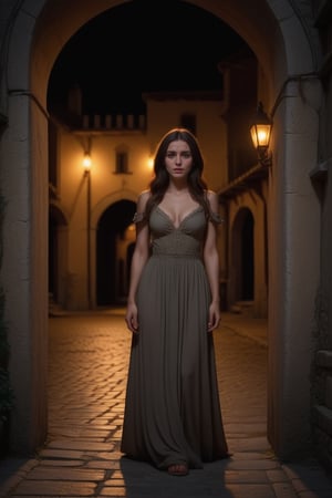 a beautiful frightened young woman is hiding behind an archway in a medieval town at night. she is dressed in a dirty old long dress, it is torn in places and she is not wearing shoes. she has long brown hair and brown eyes, her feet are dirty. Dynamic pose, masterpiece, 8k, uhd, high definition, ,<lora:659095807385103906:1.0>