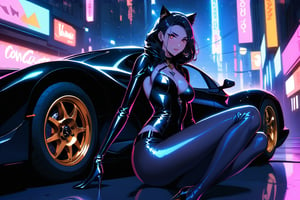 A sultry Catwoman sprawls languidly across the sleek, metallic hood of the Batmobile, her curves and contours showcased against the dark, matte finish. Her eyes gleam with mischief as she gazes up at the night sky, her raven tresses cascading down her back like a waterfall of darkness. The city's neon lights dance in the background, casting a sultry glow on her porcelain skin.