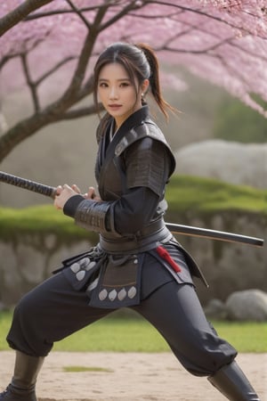 A full_body photorealistic draw of a young samurai woman in a fighting_pose wearing a samurai armor and holding a katana in a japanese garden with one blossoming cherry tree. (masterpiece), best quality, ultra detailed, 8k, (intricate details), 1girl, solo, muscular, (((long_legs))), (((hooves))), (((full_body))), (((samurai_armor))), (((dinamic_pose))), (((fighting_pose))), (((1katana))), (((long_blade))), (((long_sward))), ((extremely_realistic_photo)), (((perfect_blade))), (((perfect_sward))), professional_photo, ((ultra_realistic_detailed_perfect_face)), ((ultra_sharp_focus)), (realistic_textures), (realistic_skin), ((perfection_in_the_hands)), aesthetic. masterpiece, pure_perfection, high_definition ((best_quality)), ((masterpiece)), ((detailed)), ultra_high_resolution, hdr, art, high_detail, add_more_detail, (extreme_and_intricate_details), ((raw_photo)), ((sharp_focus)),Extremely Realistic,photo r3al,<lora:659095807385103906:1.0>