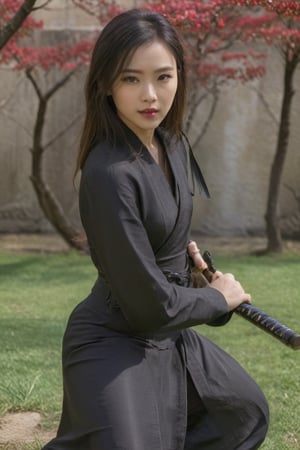 A full_body photorealistic draw of a young samurai woman in a fighting_pose wearing a samurai armor and holding a katana in a japanese garden with one blossoming cherry tree. (masterpiece), best quality, ultra detailed, 8k, (intricate details), 1girl, solo, muscular, (((long_legs))), (((hooves))), (((full_body))), (((samurai_armor))), (((dinamic_pose))), (((fighting_pose))), (((1katana))), (((long_blade))), (((long_sward))), ((extremely_realistic_photo)), (((perfect_blade))), (((perfect_sward))), professional_photo, (((perfect_eyes))), background in focus, ((ultra_realistic_detailed_perfect_face)), (realistic_textures), (realistic_skin), ((perfection_in_the_hands)), aesthetic. masterpiece, pure_perfection, high_definition ((best_quality)), ((masterpiece)), ((detailed)), ultra_high_resolution, hdr, art, high_detail, add_more_detail, (extreme_and_intricate_details), ((raw_photo)),Extremely Realistic,photo r3al,concept,<lora:659095807385103906:1.0>