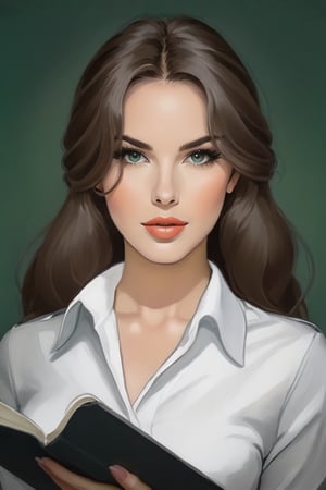 A bold, anime-inspired portrait of a 25-year-old Italian journalist. Her long brown hair flows down her back, often tied in a ponytail that enhances her features. Her (((green_eyes))), intense and penetrating, seem to penetrate the viewer soul. She's wearing bell-bottoms in a vibrant shade, paired with a clean white shirt with rolled up sleeves and a deep neckline. In one hand she clutches a worn notebook, while in the other she holds a trusty ballpoint pen.,Gibrat