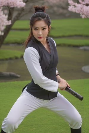 A full_body photorealistic draw of a young samurai woman in a fighting_pose wearing a samurai armor and holding a katana in a japanese garden with one blossoming cherry tree. (masterpiece), best quality, ultra detailed, 8k, (intricate details), 1girl, solo, muscular, (((long_legs))), (((hooves))), (((full_body))), (((samurai_armor))), (((dinamic_pose))), (((fighting_pose))), (((1katana))), (((long_blade))), (((long_sward))), ((extremely_realistic_photo)), (((perfect_blade))), (((perfect_sward))), professional_photo, ((ultra_realistic_detailed_perfect_face)), ((ultra_sharp_focus)), (realistic_textures), (realistic_skin), ((perfection_in_the_hands)), aesthetic. masterpiece, pure_perfection, high_definition ((best_quality)), ((masterpiece)), ((detailed)), ultra_high_resolution, hdr, art, high_detail, add_more_detail, (extreme_and_intricate_details), ((raw_photo)), ((sharp_focus)),Extremely Realistic,photo r3al,<lora:659095807385103906:1.0>