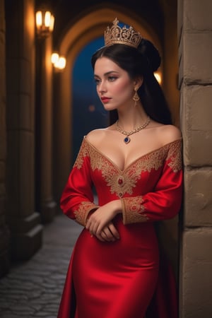 a queen in medieval attire at night along a castle corridor, she wears a long red silk gown with a v-shaped neckline and long puffed sleeves, finely decorated with gold thread embroidery, a fitted bodice highlights her buxom bosom and a gold necklace with a sapphire pendant the same color as her eyes. A diamond tiara is placed on the long black hair. Dynamic pose, masterpiece, 8k, uhd, high definition, ,<lora:659095807385103906:1.0>