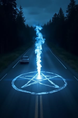 at night in the center of a road that runs straight towards a forest a blue flame emerges from the center of a pentacle painted on the asphalt and stands tall towards the sky Meanwhile a 1967 Chevrolet Impala with two men inside drives away from the scene. An the top of the image in the foreground the writing: 'Supernatural' in white font