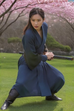 A full_body photorealistic draw of a young samurai woman in a fighting_pose wearing a samurai armor and holding a katana in a japanese garden with one blossoming cherry tree. (masterpiece), best quality, ultra detailed, 8k, (intricate details), 1girl, solo, muscular, (((long_legs))), (((hooves))), (((full_body))), (((samurai_armor))), (((dinamic_pose))), (((fighting_pose))), (((1katana))), (((long_blade))), (((long_sward))), ((extremely_realistic_photo)), (((perfect_blade))), (((perfect_sward))), professional_photo, (((perfect_eyes))), ((ultra_realistic_detailed_perfect_face)), (realistic_textures), (realistic_skin), ((perfection_in_the_hands)), aesthetic. masterpiece, pure_perfection, high_definition ((best_quality)), ((masterpiece)), ((detailed)), ultra_high_resolution, hdr, art, high_detail, add_more_detail, (extreme_and_intricate_details), ((raw_photo)),Extremely Realistic,photo r3al,concept,<lora:659095807385103906:1.0>