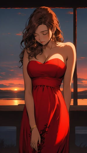 1girl, solo, long hair, breasts, brown hair, dress, cleavage, bare shoulders, jewelry, big breasts, closed mouth, closed eyes, earrings, ears, bracelet, strapless, red dress, strapless dress, sunset,ink drawing, 