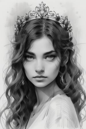 A delicate pencil portrait captures the serene features of an ethereal elf woman. Her porcelain skin glows softly beneath a cascade of wavy locks, with two slender elven ears peeking out from beneath the flowing mane. A tiara adorns her brow, featuring a sparkling diamond centerpiece that adds a touch of whimsy to her enigmatic expression. The overall composition is framed by delicate hatching and gentle shading, inviting the viewer to step into the mystical world she inhabits.