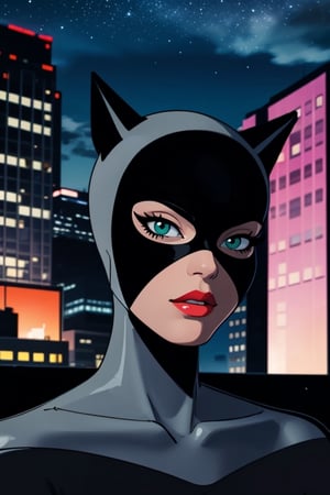 Catwoman, mask, green eyes, Pink lipstick, ultra-detailed art illustration, night city, full_body,  ,<lora:659111690174031528:1.0>