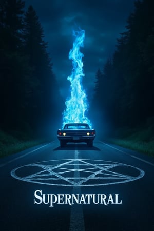 at night in the center of a road that runs straight towards a forest a blue flame emerges from the center of a pentacle painted on the asphalt and stands tall towards the sky meanwhile a 1967 Chevrolet Impala drives away from the scene. In the center of the image in the foreground the writing: 'Supernatural' in white font