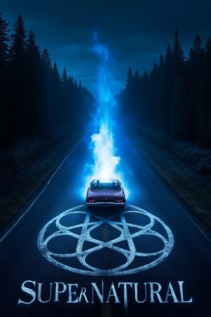 at night in the center of a road that runs straight towards a forest a blue flame emerges from the center of a pentacle painted on the asphalt and stands tall towards the sky Meanwhile a 1967 Chevrolet Impala with two men inside drives away from the scene. In the top of the image in the foreground the writing: 'Supernatural' in white font