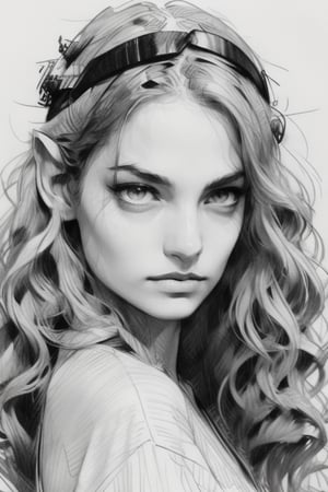 A delicate pencil portrait captures the serene features of an ethereal elf woman. Her porcelain skin glows softly beneath a cascade of wavy locks, with two slender elven ears peeking out from beneath the flowing mane. A tiara adorns her brow, featuring a sparkling diamond centerpiece that adds a touch of whimsy to her enigmatic expression. The overall composition is framed by delicate hatching and gentle shading, inviting the viewer to step into the mystical world she inhabits.