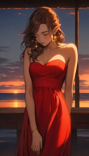 1girl, solo, long hair, breasts, brown hair, dress, cleavage, bare shoulders, jewelry, medium breasts, closed mouth, closed eyes, earrings, pointy ears, bracelet, strapless, red dress, strapless dress, sunset