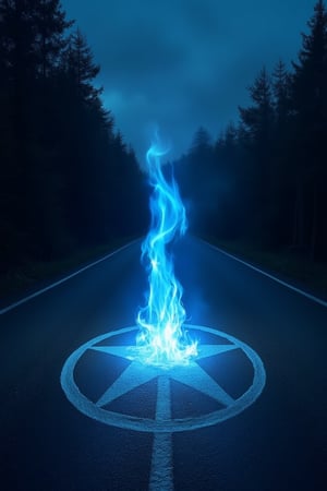 at night in the center of a road that runs straight towards a forest a blue flame emerges from a pentacle painted on the asphalt and stands tall towards the sky