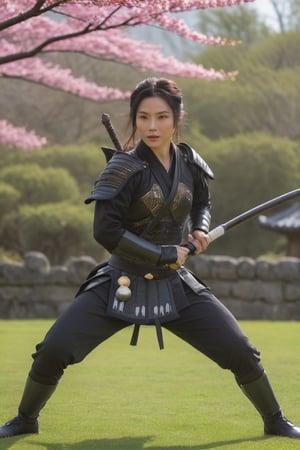 A full_body photorealistic draw of a young samurai woman in a fighting_pose wearing a samurai armor and holding a katana in a japanese garden with one blossoming cherry tree. (masterpiece), best quality, ultra detailed, 8k, (intricate details), 1girl, solo, muscular, (((long_legs))), (((hooves))), (((full_body))), (((samurai_armor))), (((dinamic_pose))), (((fighting_pose))), (((1katana))), (((long_blade))), (((long_sward))), ((extremely_realistic_photo)), (((perfect_blade))), (((perfect_sward))), professional_photo, ((ultra_realistic_detailed_perfect_face)), ((ultra_sharp_focus)), (realistic_textures), (realistic_skin), ((perfection_in_the_hands)), aesthetic. masterpiece, pure_perfection, high_definition ((best_quality)), ((masterpiece)), ((detailed)), ultra_high_resolution, hdr, art, high_detail, add_more_detail, (extreme_and_intricate_details), ((raw_photo)), ((sharp_focus)),Extremely Realistic,photo r3al,<lora:659095807385103906:1.0>