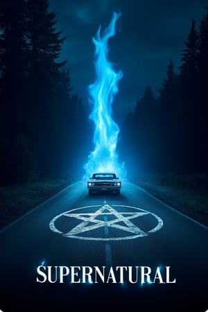 at night in the center of a road that runs straight towards a forest a blue flame emerges from the center of a pentacle painted on the asphalt and stands tall towards the sky meanwhile a 1967 Chevrolet Impala drives away from the scene. In the center of the image in the foreground the writing: 'Supernatural' in white font