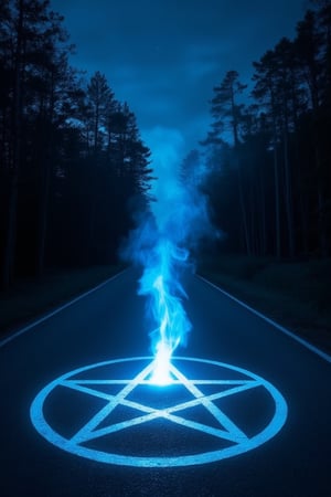 at night in the center of a road that runs straight towards a forest a blue flame emerges from a pentacle painted on the asphalt and stands tall towards the sky