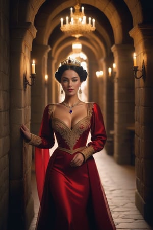 a queen in medieval attire at night along a castle corridor, she wears a long red silk gown with a v-shaped neckline and long puffed sleeves, finely decorated with gold thread embroidery, lace and transparencies, a fitted bodice highlights her buxom bosom and a gold necklace with a sapphire pendant the same color as her eyes. A diamond tiara is placed on the long black hair. Dynamic pose, masterpiece, 8k, uhd, high definition, 