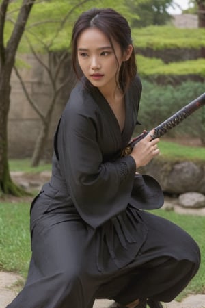 A full_body photorealistic draw of a young samurai woman in a fighting_pose wearing a samurai armor and holding a katana in a japanese garden with one blossoming cherry tree. (masterpiece), best quality, ultra detailed, 8k, (intricate details), 1girl, solo, muscular, (((long_legs))), (((hooves))), (((full_body))), (((samurai_armor))), (((dinamic_pose))), (((fighting_pose))), (((1katana))), (((long_blade))), (((long_sward))), ((extremely_realistic_photo)), (((perfect_blade))), (((perfect_sward))), professional_photo, (((perfect_eyes))), background in focus, ((ultra_realistic_detailed_perfect_face)), (realistic_textures), (realistic_skin), ((perfection_in_the_hands)), aesthetic. masterpiece, pure_perfection, high_definition ((best_quality)), ((masterpiece)), ((detailed)), ultra_high_resolution, hdr, art, high_detail, add_more_detail, (extreme_and_intricate_details), ((raw_photo)),Extremely Realistic,photo r3al,concept,<lora:659095807385103906:1.0>