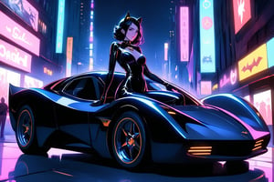 A sultry Catwoman sprawls languidly across the sleek, metallic hood of the Batmobile, her curves and contours showcased against the dark, matte finish. Her eyes gleam with mischief as she gazes up at the night sky, her raven tresses cascading down her back like a waterfall of darkness. The city's neon lights dance in the background, casting a sultry glow on her porcelain skin.