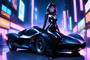 A sultry Catwoman sprawls languidly across the sleek, metallic hood of the Batmobile, her curves and contours showcased against the dark, matte finish. Her eyes gleam with mischief as she gazes up at the night sky, her raven tresses cascading down her back like a waterfall of darkness. The city's neon lights dance in the background, casting a sultry glow on her porcelain skin.