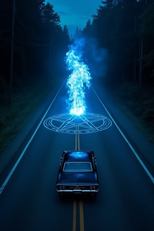 at night in the center of a road that runs straight towards a forest a blue flame emerges from the center of a pentacle painted on the asphalt and stands tall towards the sky Meanwhile a 1967 Chevrolet Impala with two men inside drives away from the scene. In the top of the image in the foreground the writing: 'Supernatural' in white font