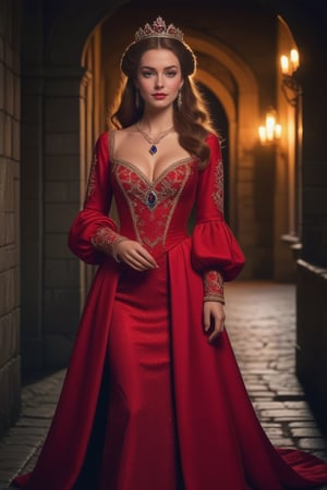 a queen in medieval attire at night along a castle corridor, she wears a long red silk gown with a v-shaped neckline and long puffed sleeves, finely decorated with lace and transparencies, a fitted bodice highlights her buxom bosom and a gold necklace with a sapphire pendant the same color as her eyes. A diamond tiara is placed on the long black hair. Dynamic pose, masterpiece, 8k, uhd, high definition, ,<lora:659095807385103906:1.0>
