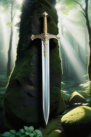 In the middle of a lush forest is a large medieval sword with a shiny blade and golden symbols decorating it stuck in a large (((rock))) covered with moss and ivy branches, a ray of sunlight making its way through the dense tree branches illuminates the sword making it glow