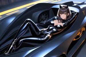 a very sensual Catwoman is lying on the hood of the Batmobile