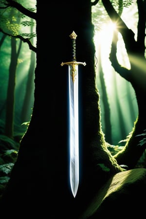 In the middle of a lush forest is a large medieval sword with a shiny blade and golden symbols decorating it stuck in a large (((rock))) covered with moss and ivy branches, a ray of sunlight making its way through the dense tree branches illuminates the sword making it glow