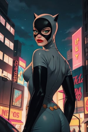 Catwoman, mask, green eyes, Pink lipstick, ultra-detailed art illustration, night city, 