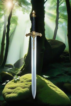 In the middle of a lush forest is a large medieval sword with a shiny blade and golden symbols decorating it stuck in a large (((rock))) covered with moss and ivy branches, a ray of sunlight making its way through the dense tree branches illuminates the sword making it glow