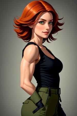 A photo of a beautiful young woman. She wears a black tight tank top, a belt, green pants, fingerless gloves, furrowed brow, smile, looking at viewer, military complex, she has (((muscular body))), tanned skin, medium rounded breast, small rounded ass, skinny thighs. She has a beautiful cute face, long eyelashes, busty lips, big green eyes, small nose, narrow jaw, (((ginger hair))), medium length hair, (masterpiece, best quality, ultra detailed, 8k, intricate details),meryl,black tank top,<lora:659111690174031528:1.0>