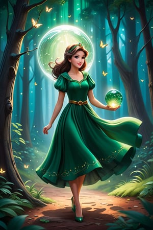 A young girl, her eyes wide open in wonder, wears an emerald green dress that blends in with the surrounding forest. Her brown hair, moved by the wind, frames a delicate and determined face.
A luminous sphere of energy emanates from her open hands. The sphere emits an intense glow, illuminating the scene and casting suggestive shadows on the surrounding trees.
In the background, a nocturnal forest, wrapped in a magical atmosphere. The trees, tall and majestic, stand out against a starry sky. Small fireflies dance among the branches,
The image must convey a sense of wonder, discovery and power. The colors should be bright and saturated, with a predominance of greens, blues and purples. The lights and shadows must create a suggestive contrast, emphasizing the magic of the scene.
A Disney cartoon from the 80s, with clean lines and bright colors. The image must have a soft and dreamy look, with a touch of romance inspired by the style of the cartoon "Robin Hood".