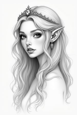 A delicate pencil portrait captures the serene features of an ethereal elf woman. Her porcelain skin glows softly beneath a cascade of wavy locks, with two slender elven ears peeking out from beneath the flowing mane. A tiara adorns her brow, featuring a sparkling diamond centerpiece that adds a touch of whimsy to her enigmatic expression. The overall composition is framed by delicate hatching and gentle shading, inviting the viewer to step into the mystical world she inhabits.