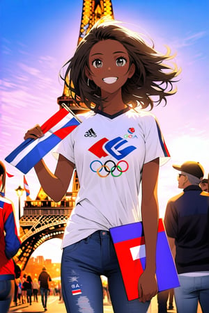 On a splendid sunny day, at the foot of the Eiffell Tower, a beautiful French girl smiles happy to cheer for her national team at the Olympics.  The dark-skinned girl with big black eyes is wearing a white t-shirt with the five Olympic rings and a pair of jeans, in one hand she holds a French flag.