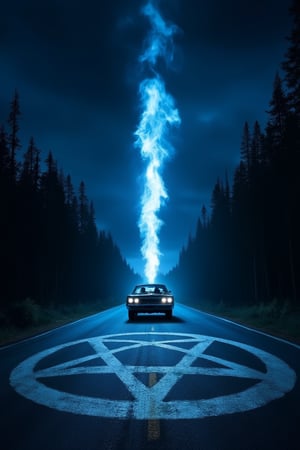 at night in the center of a road that runs straight towards a forest a blue flame emerges from the center of a pentacle painted on the asphalt and stands tall towards the sky Meanwhile a 1967 Chevrolet Impala with two men inside drives away from the scene. An the top of the image in the foreground the writing: ((('Supernatural'))) in white font