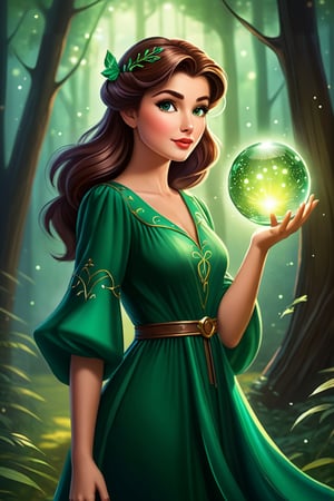 A young girl, her eyes wide open in wonder, wears an emerald green dress that blends in with the surrounding forest. Her brown hair, moved by the wind, frames a delicate and determined face.
A luminous sphere of energy emanates from her open hands. The sphere emits an intense glow, illuminating the scene and casting suggestive shadows on the surrounding trees.
In the background, a nocturnal forest, wrapped in a magical atmosphere. The trees, tall and majestic, stand out against a starry sky. Small fireflies dance among the branches,
The image must convey a sense of wonder, discovery and power. The colors should be bright and saturated, with a predominance of greens, blues and purples. The lights and shadows must create a suggestive contrast, emphasizing the magic of the scene.
A Disney cartoon from the 80s, with clean lines and bright colors. The image must have a soft and dreamy look, with a touch of romance inspired by the style of the cartoon "Robin Hood".