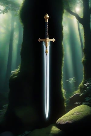 In the middle of a lush forest is a large medieval sword with a shiny blade and golden symbols decorating it stuck in a large (((rock))) covered with moss and ivy branches, a ray of sunlight making its way through the dense tree branches illuminates the sword making it glow