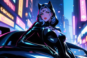 A sultry Catwoman sprawls languidly across the sleek, metallic hood of the Batmobile, her curves and contours showcased against the dark, matte finish. Her eyes gleam with mischief as she gazes up at the night sky, her raven tresses cascading down her back like a waterfall of darkness. The city's neon lights dance in the background, casting a sultry glow on her porcelain skin.