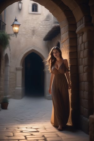 a beautiful frightened young woman is hiding behind an archway in a medieval town at night. she is dressed in a dirty old long dress, it is torn in places and she is not wearing shoes. she has long brown hair and brown eyes, her feet are dirty. (((nipple slip))) Dynamic pose, masterpiece, 8k, uhd, high definition, perfect composition