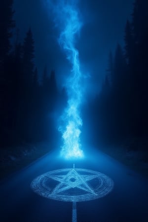 at night in the center of a road that runs straight towards a forest a blue flame emerges from a pentacle painted on the asphalt and stands tall towards the sky