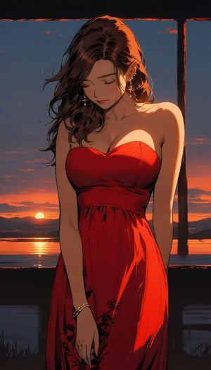 1girl, solo, long hair, breasts, brown hair, dress, cleavage, bare shoulders, jewelry, big breasts, closed mouth, closed eyes, earrings, pointy ears, bracelet, strapless, red dress, strapless dress, sunset,ink drawing