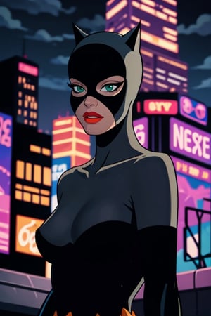 Catwoman, mask, green eyes, Pink lipstick, ultra-detailed art illustration, night city, ,<lora:659111690174031528:1.0>