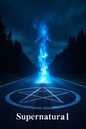 at night in the center of a road that runs straight towards a forest a blue flame emerges from the center of a pentacle painted on the asphalt and stands tall towards the sky. In the center of the image in the foreground the writing: 'Supernatural' in white font