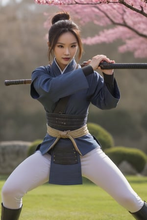 A full_body photorealistic draw of a young samurai woman in a fighting_pose wearing a samurai armor and holding a katana in a japanese garden with one blossoming cherry tree. (masterpiece), best quality, ultra detailed, 8k, (intricate details), 1girl, solo, muscular, (((long_legs))), (((hooves))), (((full_body))), (((samurai_armor))), (((dinamic_pose))), (((fighting_pose))), (((1katana))), (((long_blade))), (((long_sward))), ((extremely_realistic_photo)), (((perfect_blade))), (((perfect_sward))), professional_photo, ((ultra_realistic_detailed_perfect_face)), ((ultra_sharp_focus)), (realistic_textures), (realistic_skin), ((perfection_in_the_hands)), aesthetic. masterpiece, pure_perfection, high_definition ((best_quality)), ((masterpiece)), ((detailed)), ultra_high_resolution, hdr, art, high_detail, add_more_detail, (extreme_and_intricate_details), ((raw_photo)), ((sharp_focus)),Extremely Realistic,photo r3al,<lora:659095807385103906:1.0>