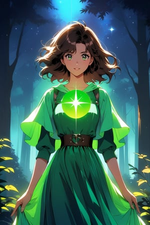 A young girl, her eyes wide open in wonder, wears an emerald green dress that blends in with the surrounding forest. Her brown hair, moved by the wind, frames a delicate and determined face.
A luminous sphere of energy emanates from her open hands. The sphere emits an intense glow, illuminating the scene and casting suggestive shadows on the surrounding trees.
In the background, a nocturnal forest, wrapped in a magical atmosphere. The trees, tall and majestic, stand out against a starry sky. Small fireflies dance among the branches,
The image must convey a sense of wonder, discovery and power. The colors should be bright and saturated, with a predominance of greens, blues and purples. The lights and shadows must create a suggestive contrast, emphasizing the magic of the scene.
A Disney cartoon from the 80s, with clean lines and bright colors. The image must have a soft and dreamy look, with a touch of romance inspired by the style of the cartoon "Robin Hood".