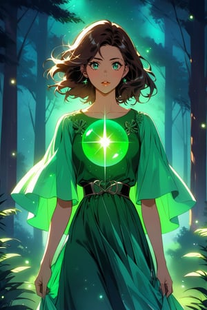 A young girl, her eyes wide open in wonder, wears an emerald green dress that blends in with the surrounding forest. Her brown hair, moved by the wind, frames a delicate and determined face.
A luminous sphere of energy emanates from her open hands. The sphere emits an intense glow, illuminating the scene and casting suggestive shadows on the surrounding trees.
In the background, a nocturnal forest, wrapped in a magical atmosphere. The trees, tall and majestic, stand out against a starry sky. Small fireflies dance among the branches,
The image must convey a sense of wonder, discovery and power. The colors should be bright and saturated, with a predominance of greens, blues and purples. The lights and shadows must create a suggestive contrast, emphasizing the magic of the scene.
A Disney cartoon from the 80s, with clean lines and bright colors. The image must have a soft and dreamy look, with a touch of romance inspired by the style of the cartoon "Robin Hood".